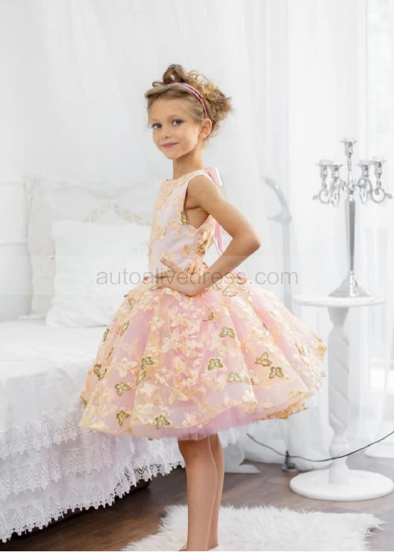 Pink Butterfly Lace Tulle Keyhole Back Flower Girl Dress